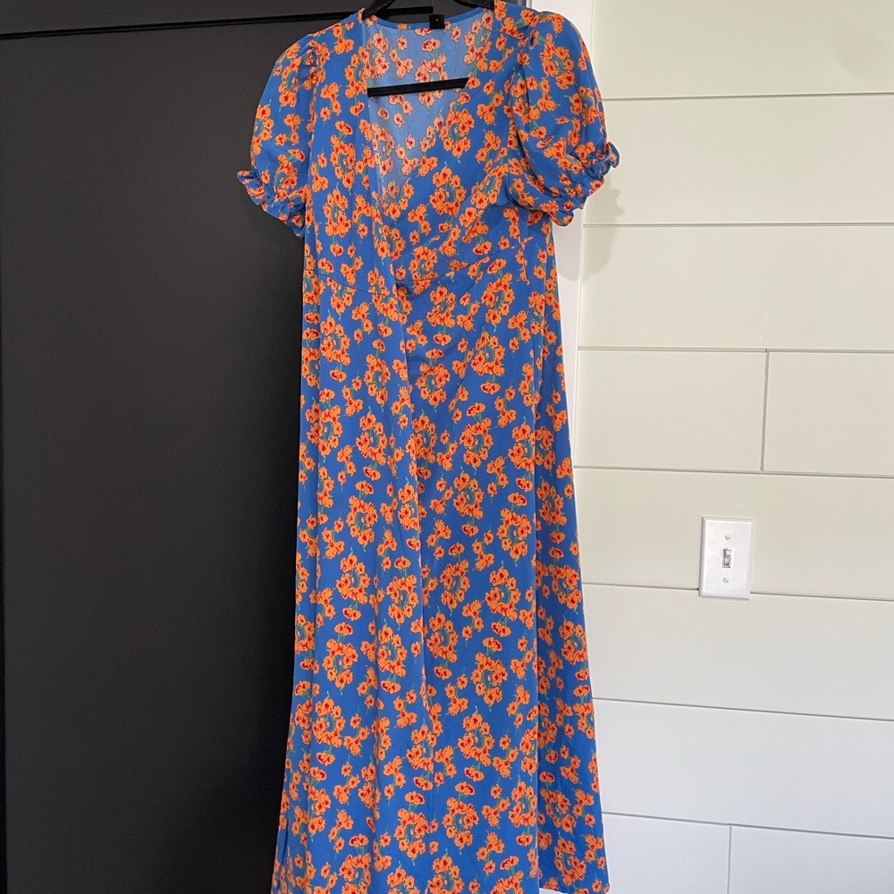 SHEIN Vibrant Blue Maxi Dress with Orange Floral Pattern
